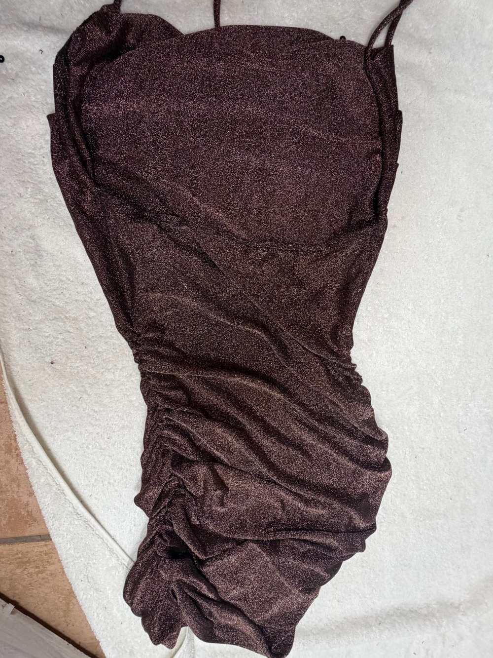 Shimmery Chocolate Brown Mini Dress with Ruched Silhouette